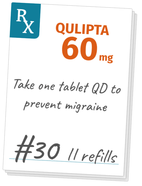 Qulipta 60 mg prescription pad reading “take one tablet QD to prevent migraine. #30 11 refills”